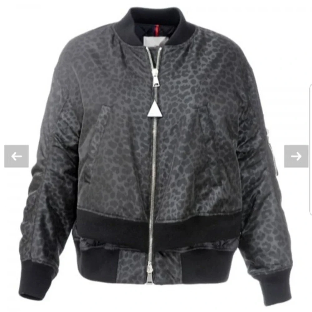 Moncler Black Gray Leopard Print Two Tier Layers Bomber Jacket Size 1